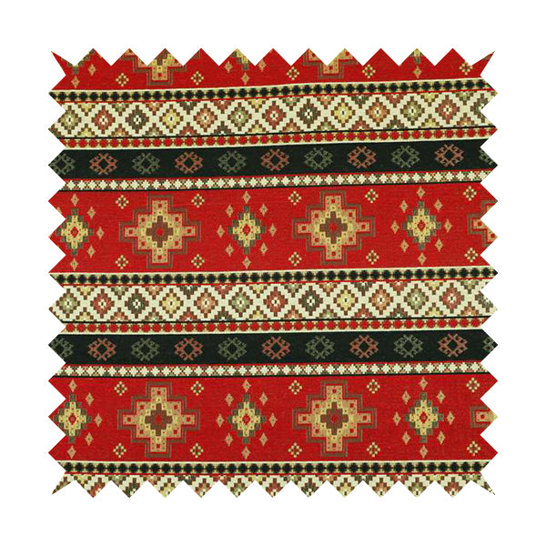 Persia Aztec Red Blue Chenille Upholstery Fabric Traditional Kilim Stripe Pattern CTR-761 - Made To Measure Curtains