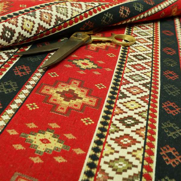 Persia Aztec Red Blue Chenille Upholstery Fabric Traditional Kilim Stripe Pattern CTR-761