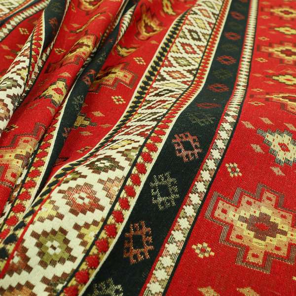 Persia Aztec Red Blue Chenille Upholstery Fabric Traditional Kilim Stripe Pattern CTR-761 - Made To Measure Curtains