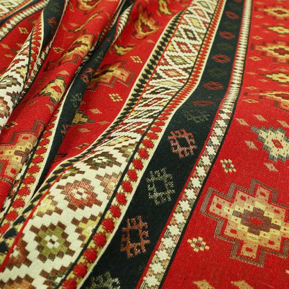 Persia Aztec Red Blue Chenille Upholstery Fabric Traditional Kilim Stripe Pattern CTR-761