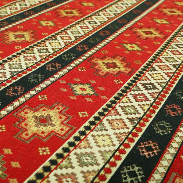 Persia Aztec Red Blue Chenille Upholstery Fabric Traditional Kilim Stripe Pattern CTR-761