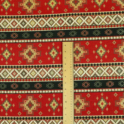 Persia Aztec Red Blue Chenille Upholstery Fabric Traditional Kilim Stripe Pattern CTR-761 - Roman Blinds