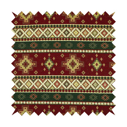 Persia Aztec Red Burgundy Green Chenille Upholstery Fabric Traditional Kilim Stripe Pattern CTR-762