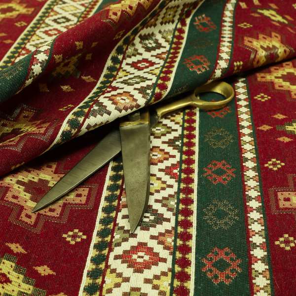 Persia Aztec Red Burgundy Green Chenille Upholstery Fabric Traditional Kilim Stripe Pattern CTR-762 - Made To Measure Curtains