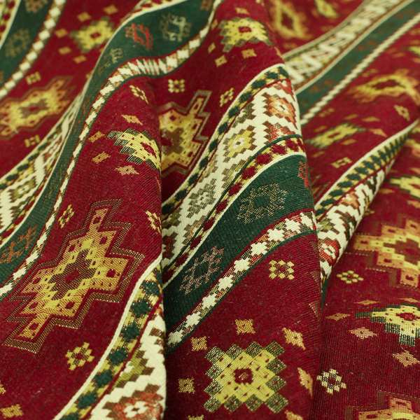 Persia Aztec Red Burgundy Green Chenille Upholstery Fabric Traditional Kilim Stripe Pattern CTR-762 - Made To Measure Curtains