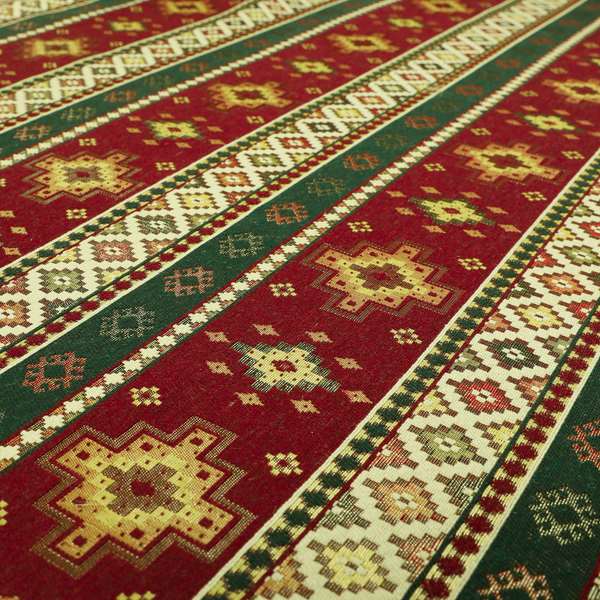 Persia Aztec Red Burgundy Green Chenille Upholstery Fabric Traditional Kilim Stripe Pattern CTR-762 - Made To Measure Curtains