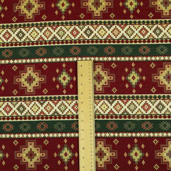 Persia Aztec Red Burgundy Green Chenille Upholstery Fabric Traditional Kilim Stripe Pattern CTR-762 - Made To Measure Curtains