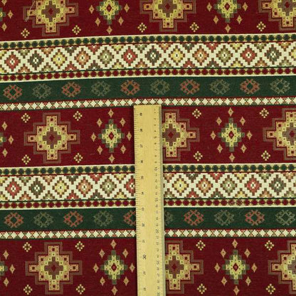 Persia Aztec Red Burgundy Green Chenille Upholstery Fabric Traditional Kilim Stripe Pattern CTR-762 - Made To Measure Curtains