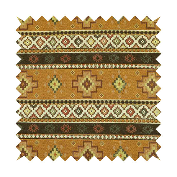 Persia Aztec Yellow Brown Chenille Upholstery Fabric Traditional Kilim Stripe Pattern CTR-763 - Roman Blinds