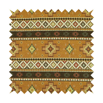 Persia Aztec Yellow Brown Chenille Upholstery Fabric Traditional Kilim Stripe Pattern CTR-763 - Roman Blinds