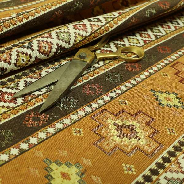 Persia Aztec Yellow Brown Chenille Upholstery Fabric Traditional Kilim Stripe Pattern CTR-763 - Roman Blinds