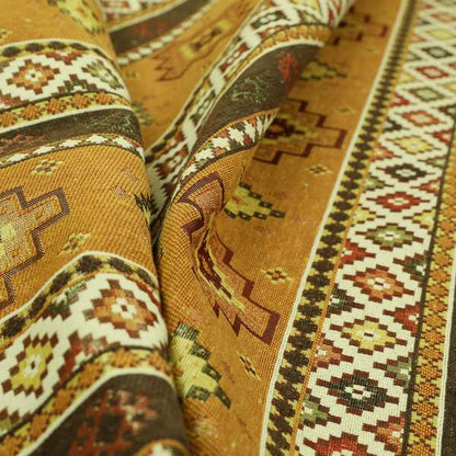 Persia Aztec Yellow Brown Chenille Upholstery Fabric Traditional Kilim Stripe Pattern CTR-763 - Roman Blinds