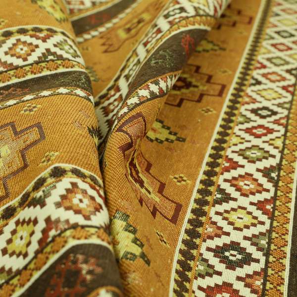 Persia Aztec Yellow Brown Chenille Upholstery Fabric Traditional Kilim Stripe Pattern CTR-763 - Made To Measure Curtains