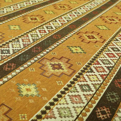 Persia Aztec Yellow Brown Chenille Upholstery Fabric Traditional Kilim Stripe Pattern CTR-763 - Made To Measure Curtains