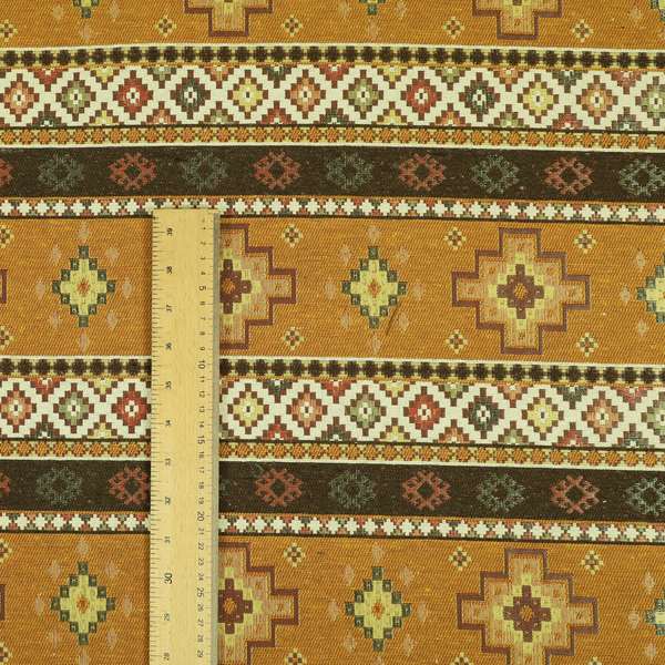 Persia Aztec Yellow Brown Chenille Upholstery Fabric Traditional Kilim Stripe Pattern CTR-763 - Roman Blinds