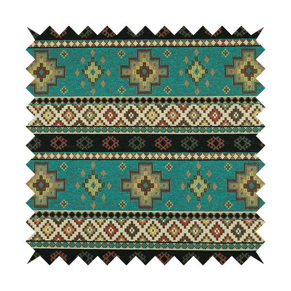 Persia Aztec Teal Blue Chenille Upholstery Fabric Traditional Kilim Stripe Pattern CTR-764 - Roman Blinds