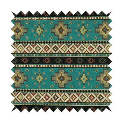 Persia Aztec Teal Blue Chenille Upholstery Fabric Traditional Kilim Stripe Pattern CTR-764 - Made To Measure Curtains