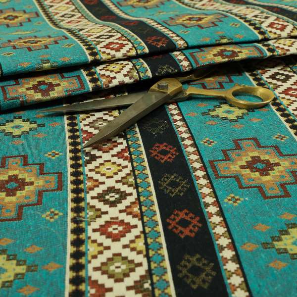 Persia Aztec Teal Blue Chenille Upholstery Fabric Traditional Kilim Stripe Pattern CTR-764 - Made To Measure Curtains