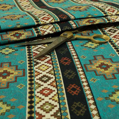 Persia Aztec Teal Blue Chenille Upholstery Fabric Traditional Kilim Stripe Pattern CTR-764