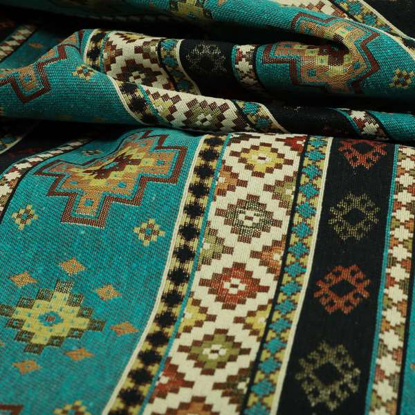 Persia Aztec Teal Blue Chenille Upholstery Fabric Traditional Kilim Stripe Pattern CTR-764 - Made To Measure Curtains