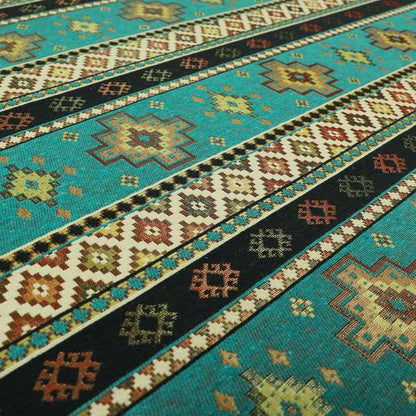 Persia Aztec Teal Blue Chenille Upholstery Fabric Traditional Kilim Stripe Pattern CTR-764 - Made To Measure Curtains