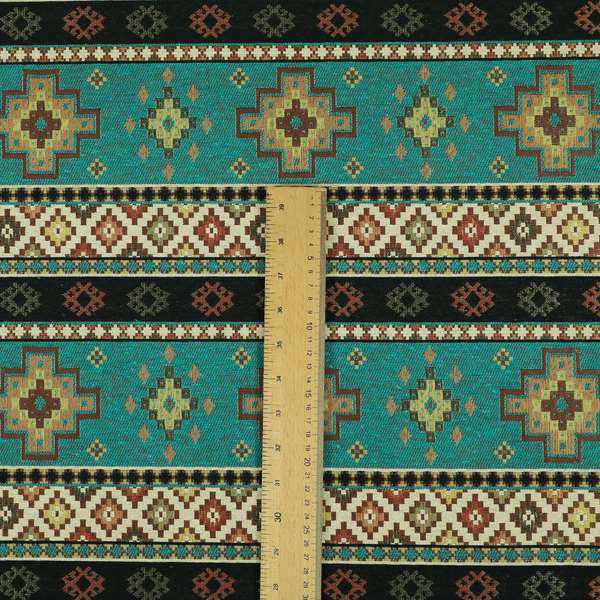 Persia Aztec Teal Blue Chenille Upholstery Fabric Traditional Kilim Stripe Pattern CTR-764 - Handmade Cushions