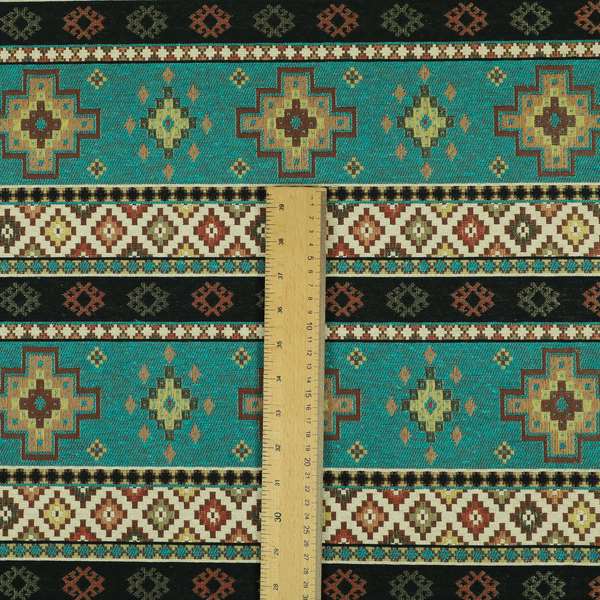 Persia Aztec Teal Blue Chenille Upholstery Fabric Traditional Kilim Stripe Pattern CTR-764 - Made To Measure Curtains