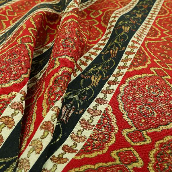 Persia Aztec Red Blue Chenille Upholstery Fabric Traditional Floral Stripe Pattern CTR-765 - Made To Measure Curtains