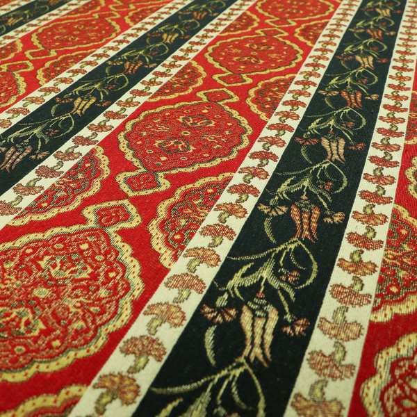 Persia Aztec Red Blue Chenille Upholstery Fabric Traditional Floral Stripe Pattern CTR-765