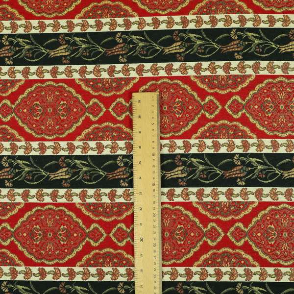 Persia Aztec Red Blue Chenille Upholstery Fabric Traditional Floral Stripe Pattern CTR-765 - Roman Blinds