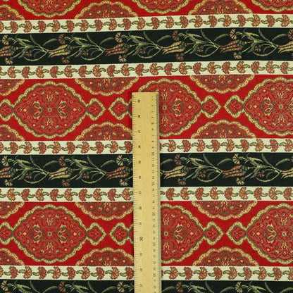 Persia Aztec Red Blue Chenille Upholstery Fabric Traditional Floral Stripe Pattern CTR-765 - Made To Measure Curtains