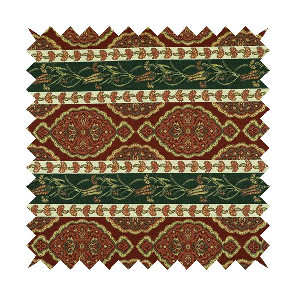 Persia Aztec Burgundy Red Green Chenille Upholstery Fabric Floral Stripe Pattern CTR-766 - Roman Blinds