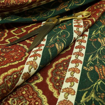 Persia Aztec Burgundy Red Green Chenille Upholstery Fabric Floral Stripe Pattern CTR-766 - Roman Blinds