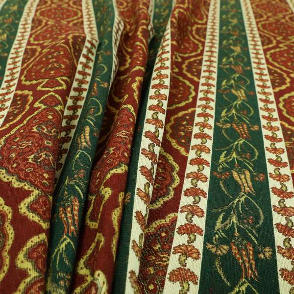 Persia Aztec Burgundy Red Green Chenille Upholstery Fabric Floral Stripe Pattern CTR-766 - Made To Measure Curtains