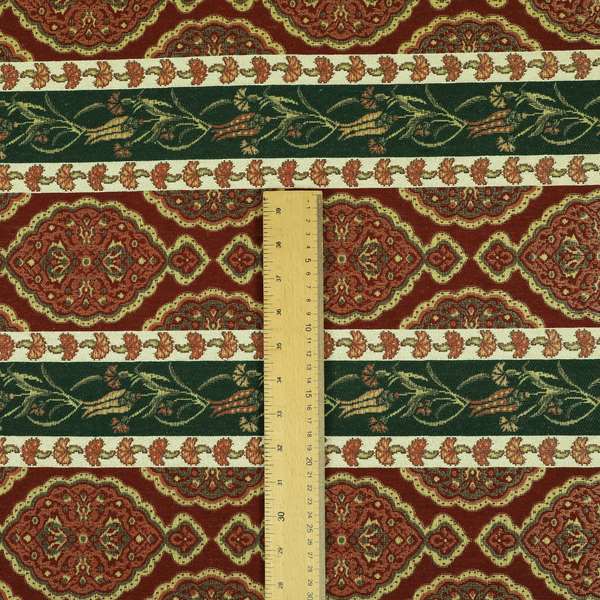 Persia Aztec Burgundy Red Green Chenille Upholstery Fabric Floral Stripe Pattern CTR-766 - Made To Measure Curtains