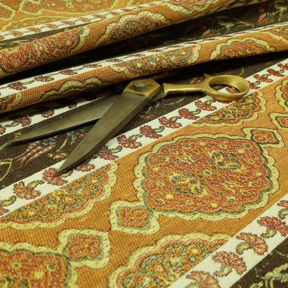 Persia Aztec Yellow Colour Chenille Upholstery Fabric Floral Stripe Pattern CTR-767 - Roman Blinds