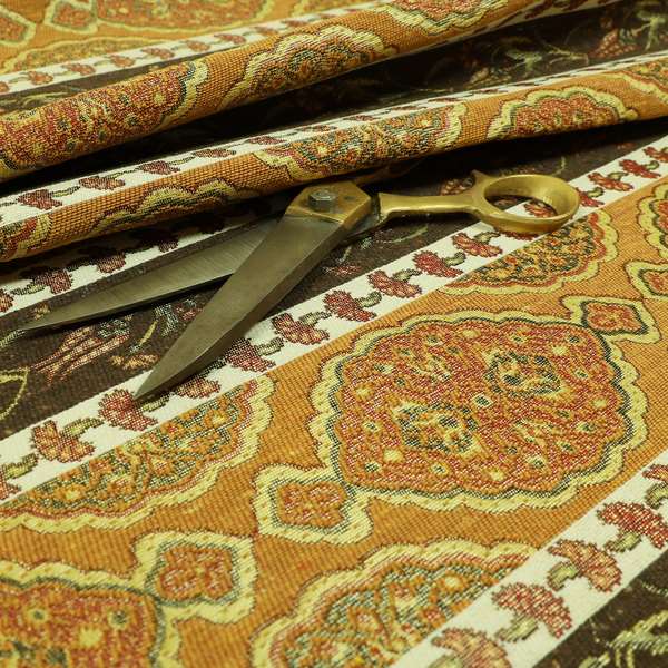 Persia Aztec Yellow Colour Chenille Upholstery Fabric Floral Stripe Pattern CTR-767 - Handmade Cushions