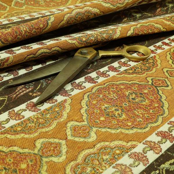 Persia Aztec Yellow Colour Chenille Upholstery Fabric Floral Stripe Pattern CTR-767 - Made To Measure Curtains