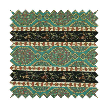 Persia Aztec Teal Blue Colour Chenille Upholstery Fabric Floral Stripe Pattern CTR-768 - Roman Blinds