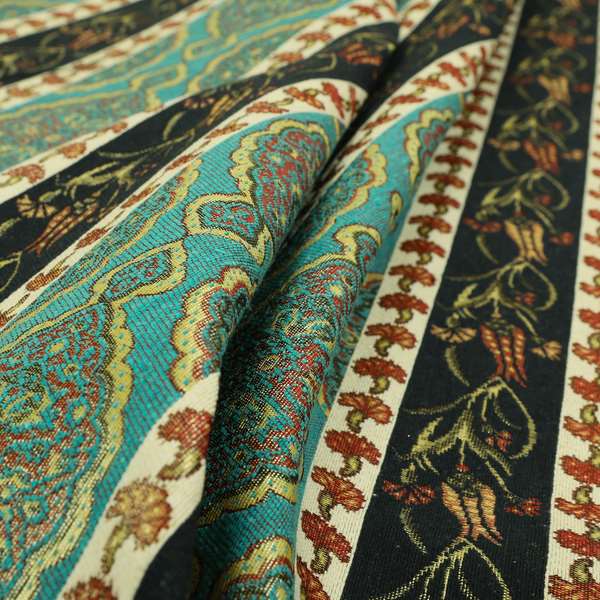 Persia Aztec Teal Blue Colour Chenille Upholstery Fabric Floral Stripe Pattern CTR-768 - Made To Measure Curtains