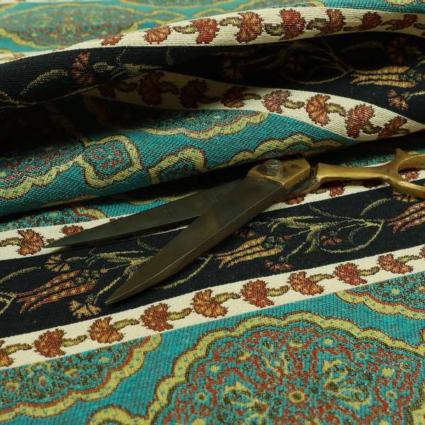 Persia Aztec Teal Blue Colour Chenille Upholstery Fabric Floral Stripe Pattern CTR-768 - Made To Measure Curtains