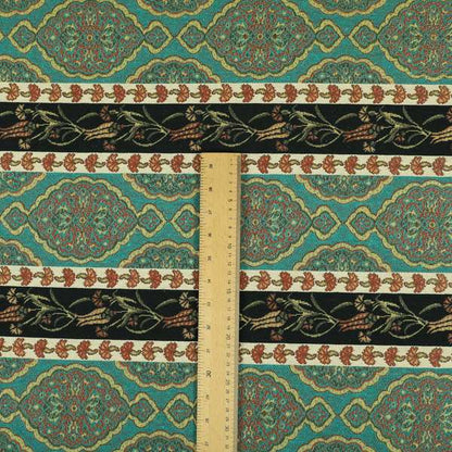 Persia Aztec Teal Blue Colour Chenille Upholstery Fabric Floral Stripe Pattern CTR-768 - Handmade Cushions