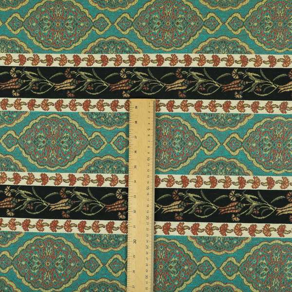 Persia Aztec Teal Blue Colour Chenille Upholstery Fabric Floral Stripe Pattern CTR-768