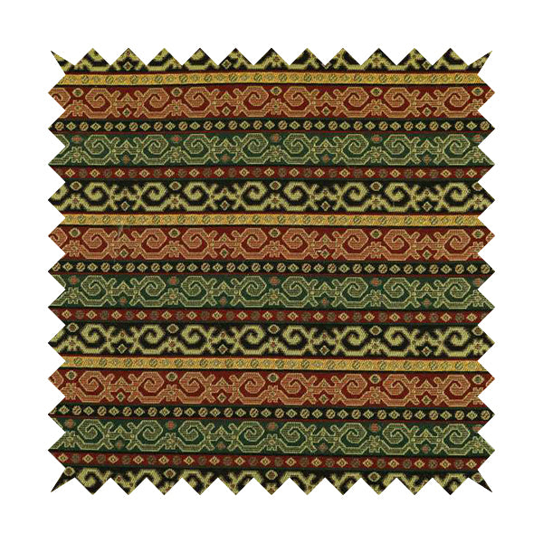 Persia Aztec Green Red Chenille Upholstery Fabric Greek Tradition Stripe Pattern CTR-769 - Roman Blinds