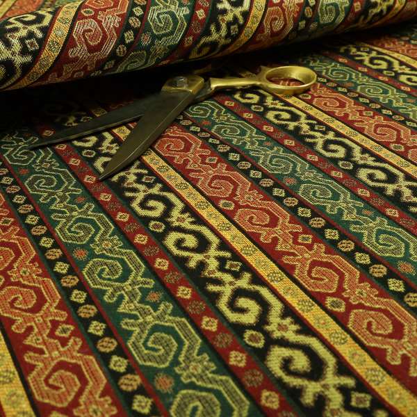 Persia Aztec Green Red Chenille Upholstery Fabric Greek Tradition Stripe Pattern CTR-769 - Roman Blinds