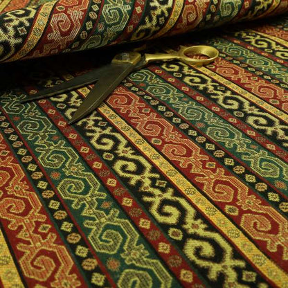 Persia Aztec Green Red Chenille Upholstery Fabric Greek Tradition Stripe Pattern CTR-769 - Made To Measure Curtains