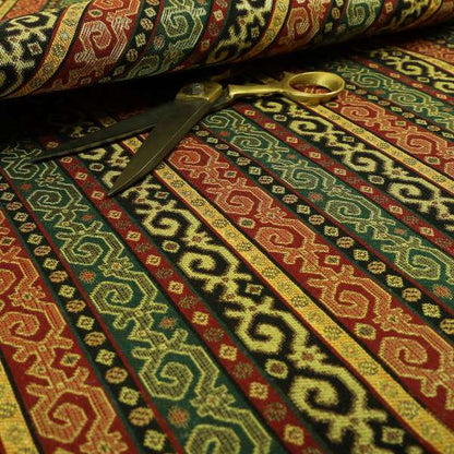Persia Aztec Green Red Chenille Upholstery Fabric Greek Tradition Stripe Pattern CTR-769