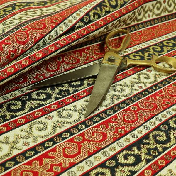 Persia Aztec Blue White Red Chenille Upholstery Fabric Greek Tradition Stripe Pattern CTR-770 - Made To Measure Curtains