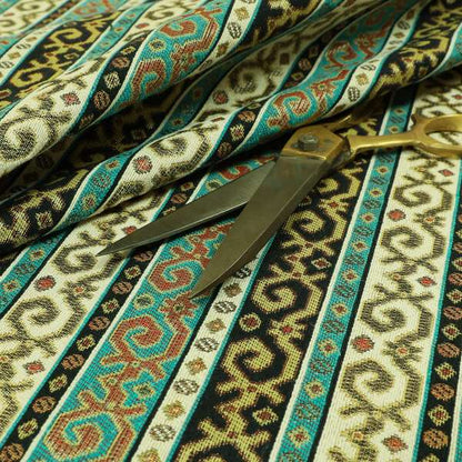 Persia Aztec Teal Blue White Chenille Upholstery Fabrics Greek Tradition Stripe CTR-771 - Roman Blinds