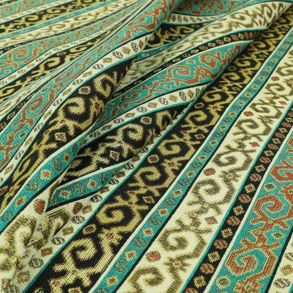 Persia Aztec Teal Blue White Chenille Upholstery Fabrics Greek Tradition Stripe CTR-771 - Made To Measure Curtains